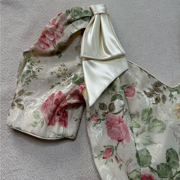 VTG 80s Midnight Glo Brocade Roses Puff Sleeve Bows Mini Dress S - Picture 5 of 9